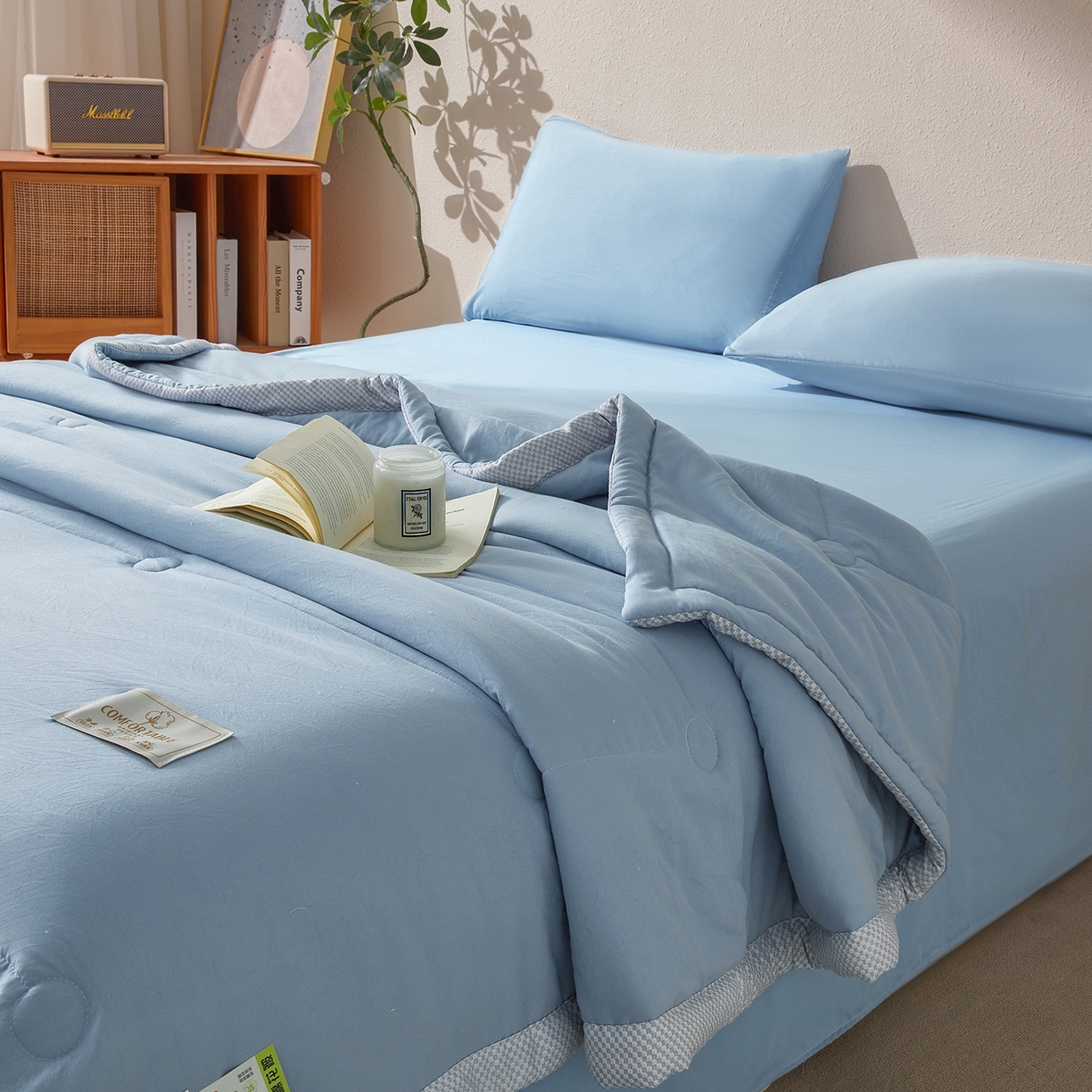 91家纺网 家纺一手货源 找家纺 罗布斯 2026新款高克重纯色简约风小清新花卉风水洗棉空调被夏被100%新疆棉花夏凉被（买家秀加微) 理想蓝