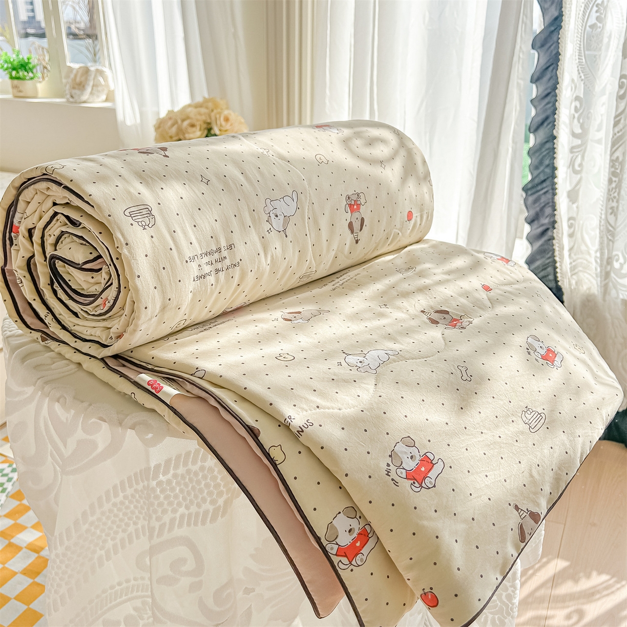 招财星家纺 2026新款A类水洗棉皱绉纱夏被空调被印花夏凉被子被芯（带质检报告买家秀） 狗狗派对