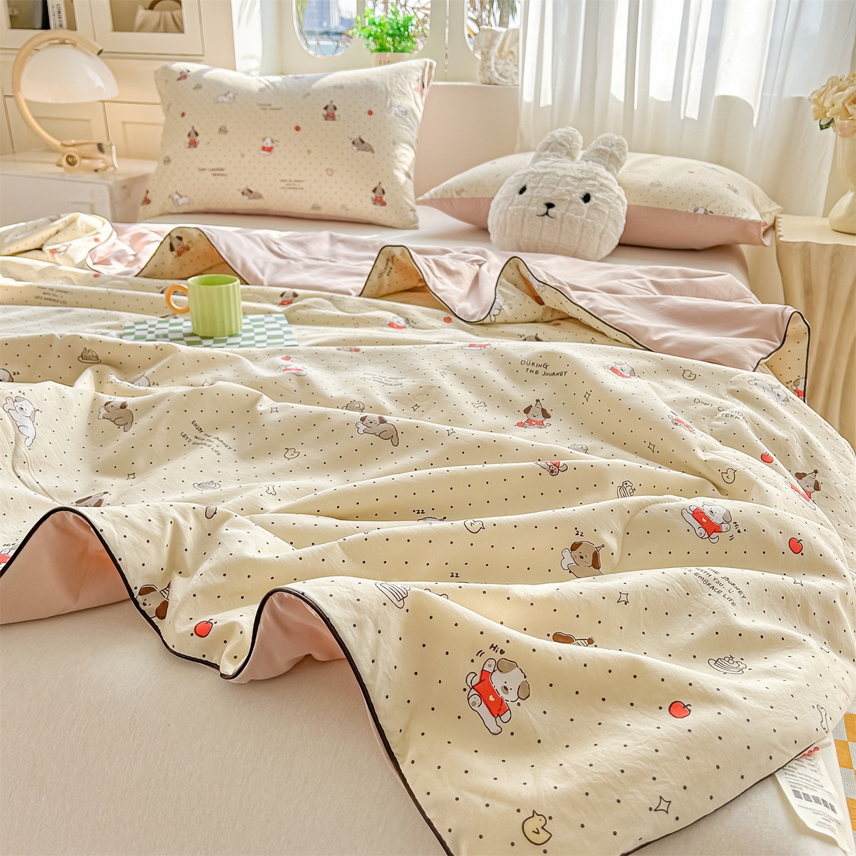 91家纺网 家纺一手货源 找家纺 招财星家纺 2026新款A类水洗棉皱绉纱夏被空调被印花夏凉被子被芯（带质检报告买家秀） 狗狗派对