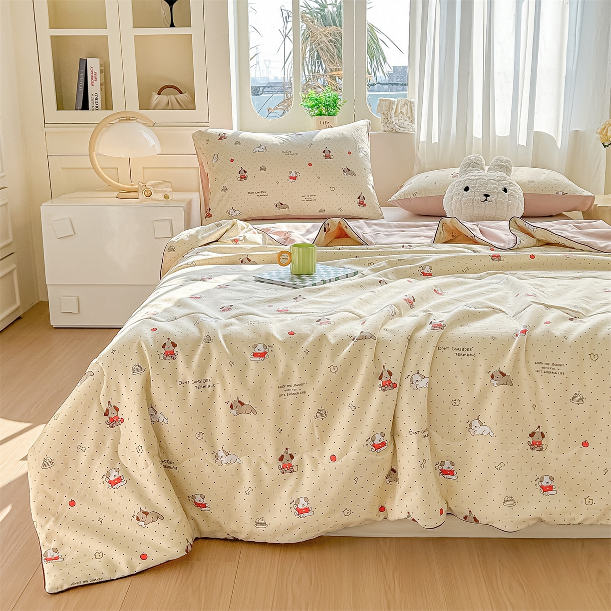 91家纺网 家纺一手货源 找家纺 招财星家纺 2026新款A类水洗棉皱绉纱夏被空调被印花夏凉被子被芯（带质检报告买家秀） 狗狗派对