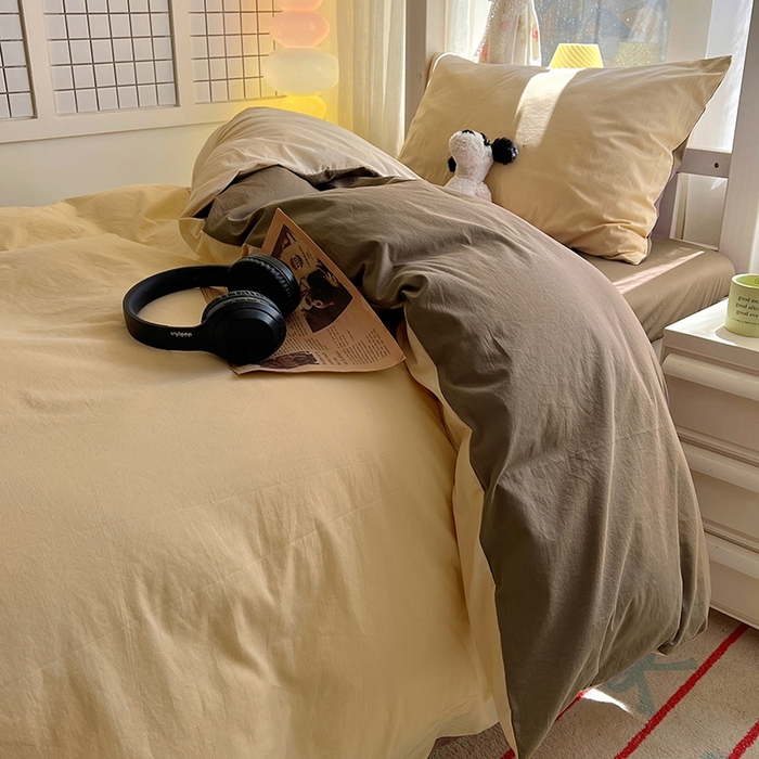 91家纺网 家纺一手货源 找家纺 缦绣阁家纺 2026新款无印风纯色纯棉四件套全棉被套床单床笠被罩学生宿舍上下铺三件套床上用品 米驼摩卡