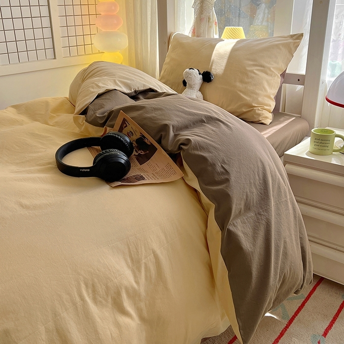 91家纺网 家纺一手货源 找家纺 缦绣阁家纺 2026新款无印风纯色纯棉四件套全棉被套床单床笠被罩学生宿舍上下铺三件套床上用品 米驼摩卡