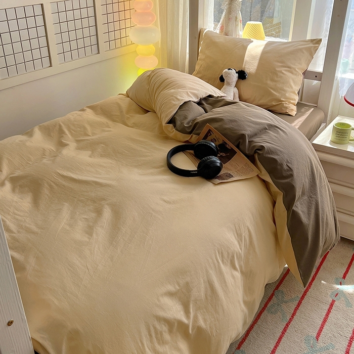 91家纺网 家纺一手货源 找家纺 缦绣阁家纺 2026新款无印风纯色纯棉四件套全棉被套床单床笠被罩学生宿舍上下铺三件套床上用品 米驼摩卡