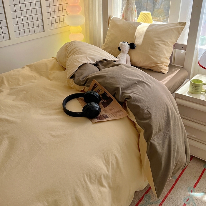 91家纺网 家纺一手货源 找家纺 缦绣阁家纺 2026新款无印风纯色纯棉四件套全棉被套床单床笠被罩学生宿舍上下铺三件套床上用品 米驼摩卡