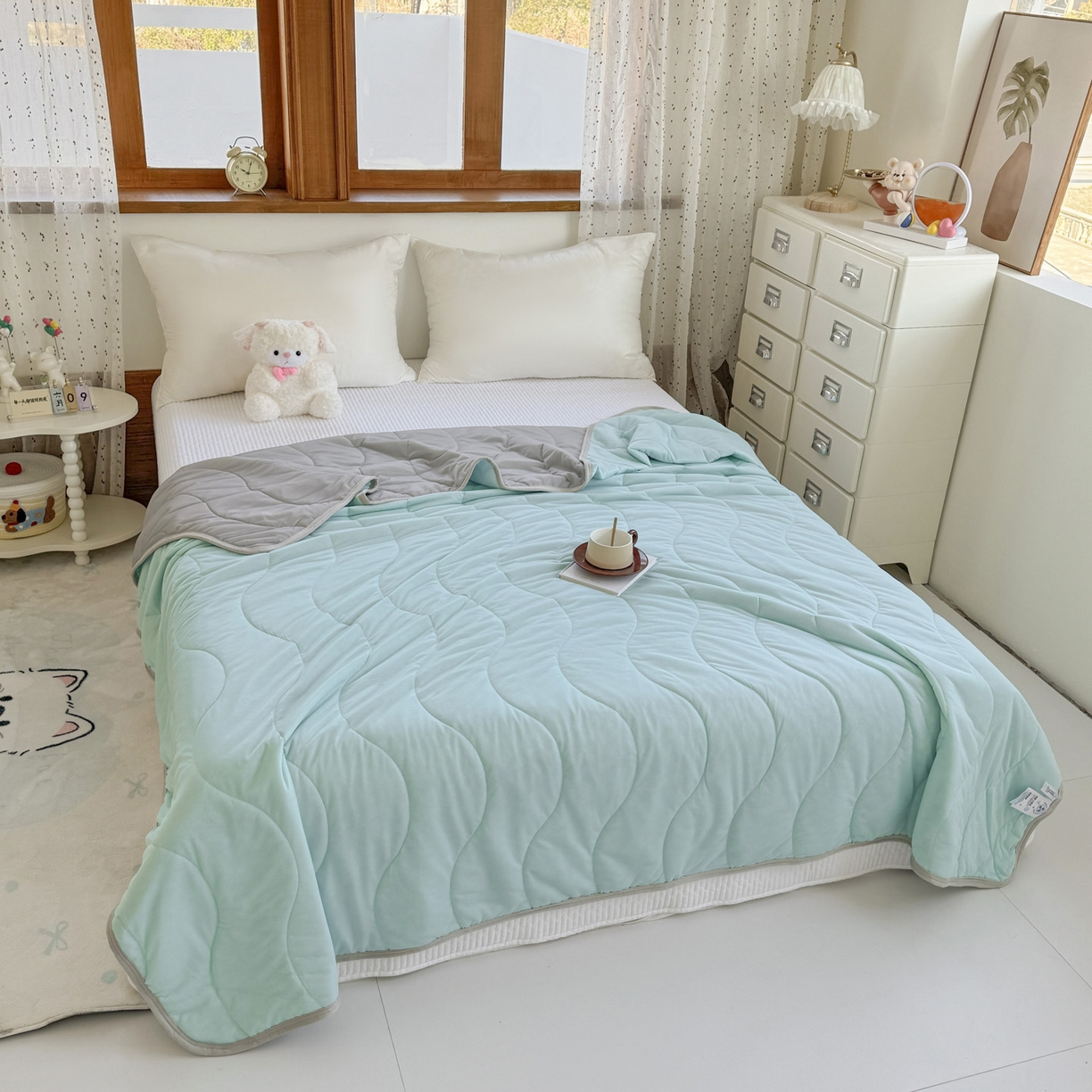 91家纺网 家纺一手货源 找家纺 默忆 2026春夏新款绗缝冰激凌凉感丝夏被夏凉被空调被 橄榄绿