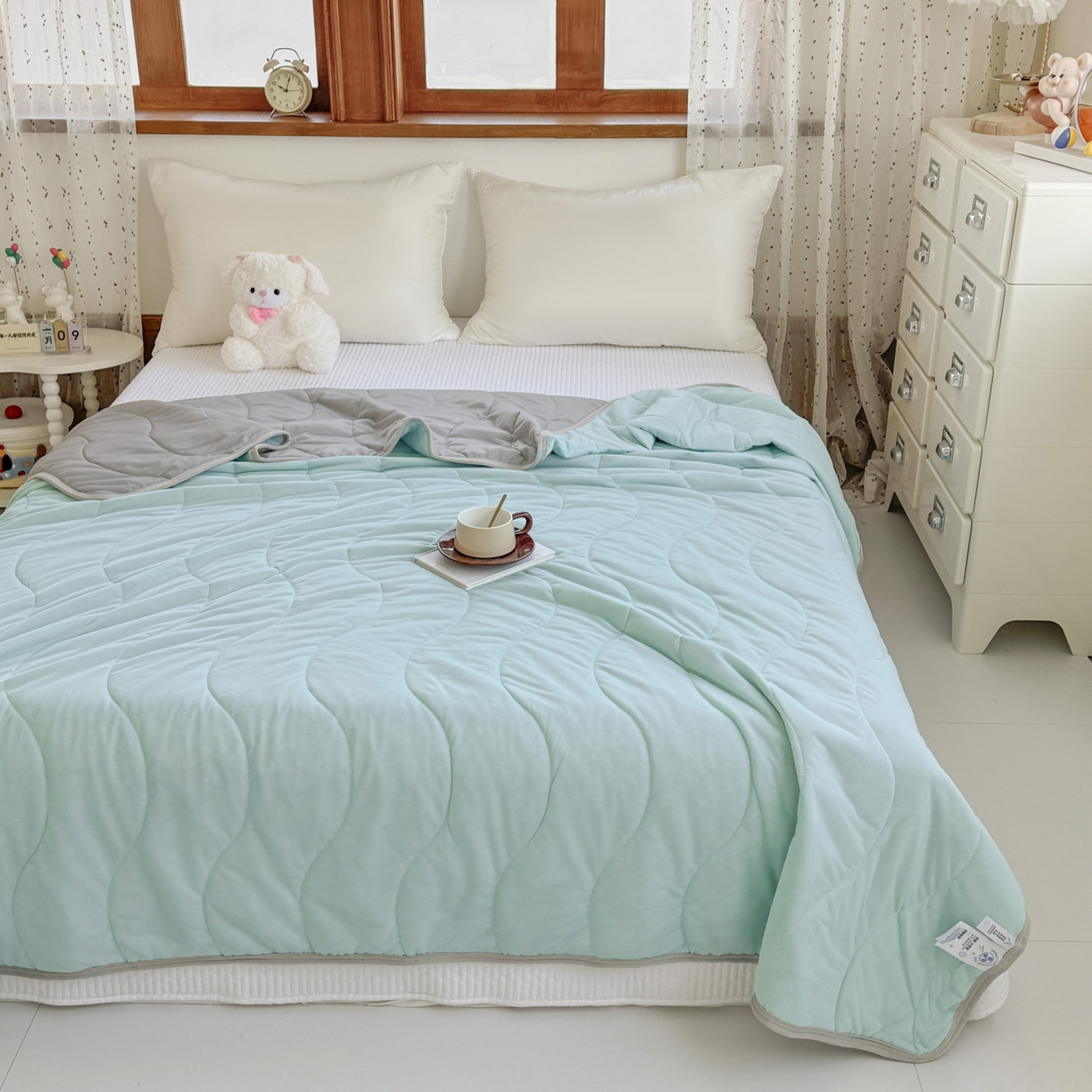 91家纺网 家纺一手货源 找家纺 默忆 2026春夏新款绗缝冰激凌凉感丝夏被夏凉被空调被 橄榄绿
