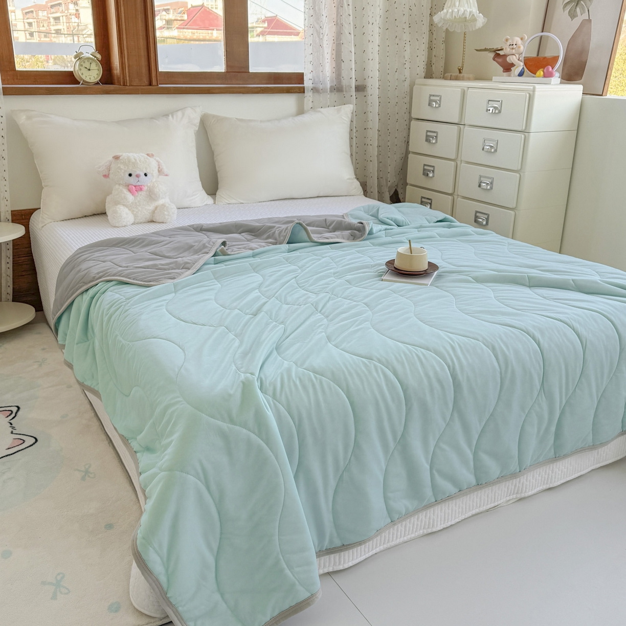 91家纺网 家纺一手货源 找家纺 默忆 2026春夏新款绗缝冰激凌凉感丝夏被夏凉被空调被 橄榄绿