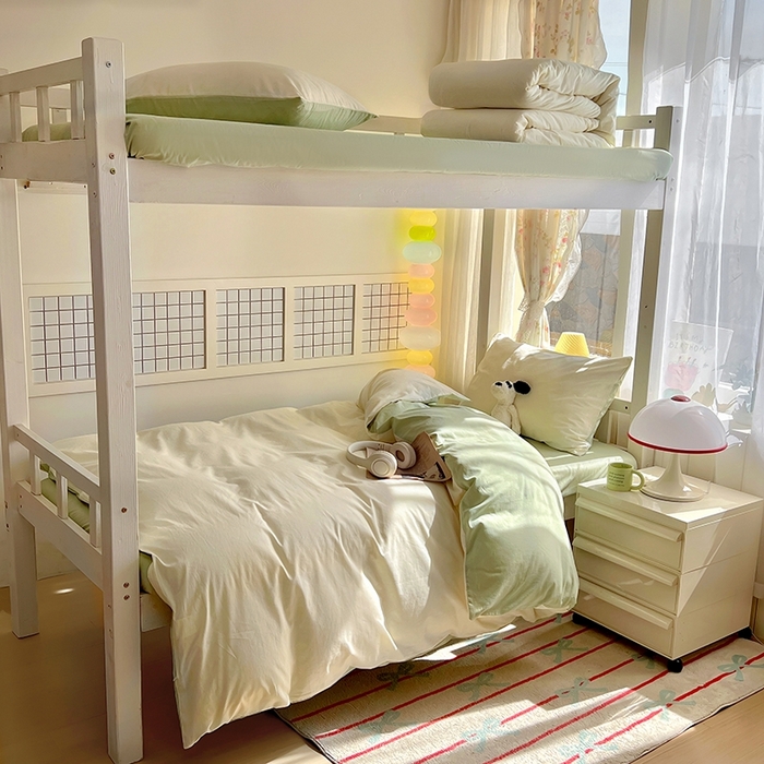 91家纺网 家纺一手货源 找家纺 缦绣阁家纺 2026新款无印风纯色纯棉四件套全棉被套床单床笠被罩学生宿舍上下铺三件套床上用品 奶白薄荷绿