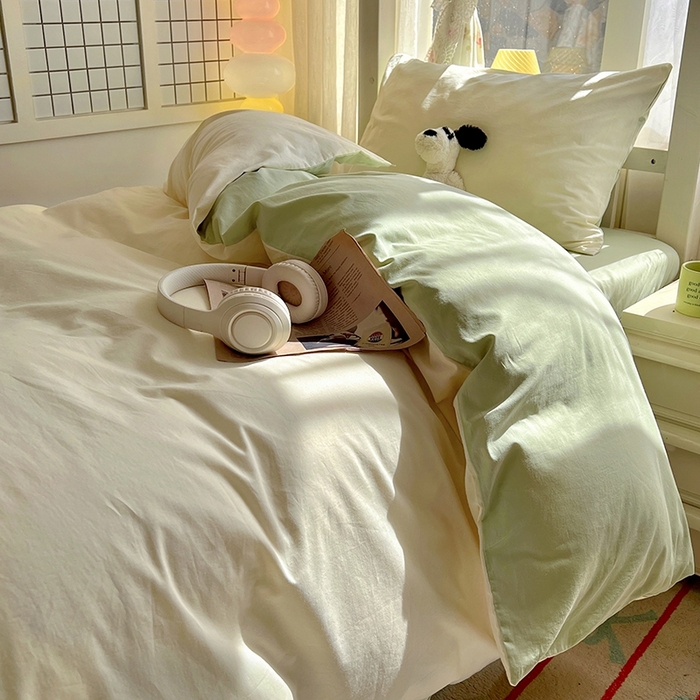 91家纺网 家纺一手货源 找家纺 缦绣阁家纺 2026新款无印风纯色纯棉四件套全棉被套床单床笠被罩学生宿舍上下铺三件套床上用品 奶白薄荷绿