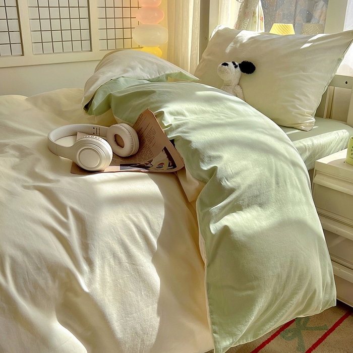 91家纺网 家纺一手货源 找家纺 缦绣阁家纺 2026新款无印风纯色纯棉四件套全棉被套床单床笠被罩学生宿舍上下铺三件套床上用品 奶白薄荷绿