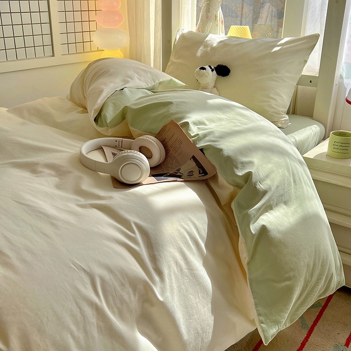 91家纺网 家纺一手货源 找家纺 缦绣阁家纺 2026新款无印风纯色纯棉四件套全棉被套床单床笠被罩学生宿舍上下铺三件套床上用品 奶白薄荷绿