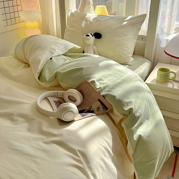 91家纺网 家纺一手货源 找家纺 缦绣阁家纺 2026新款无印风纯色纯棉四件套全棉被套床单床笠被罩学生宿舍上下铺三件套床上用品 奶白薄荷绿