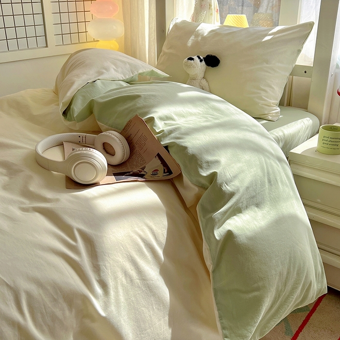 91家纺网 家纺一手货源 找家纺 缦绣阁家纺 2026新款无印风纯色纯棉四件套全棉被套床单床笠被罩学生宿舍上下铺三件套床上用品 奶白薄荷绿