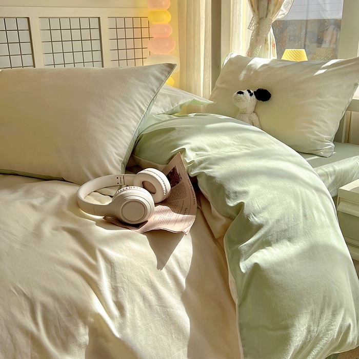 91家纺网 家纺一手货源 找家纺 缦绣阁家纺 2026新款无印风纯色纯棉四件套全棉被套床单床笠被罩学生宿舍上下铺三件套床上用品 奶白薄荷绿