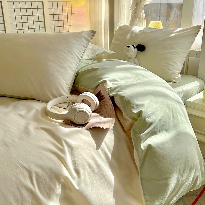 91家纺网 家纺一手货源 找家纺 缦绣阁家纺 2026新款无印风纯色纯棉四件套全棉被套床单床笠被罩学生宿舍上下铺三件套床上用品 奶白薄荷绿