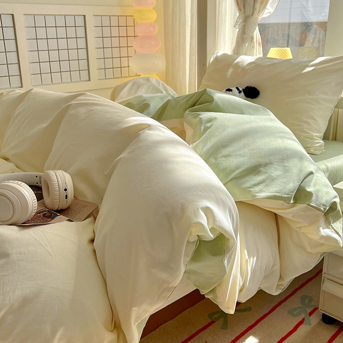 91家纺网 家纺一手货源 找家纺 缦绣阁家纺 2026新款无印风纯色纯棉四件套全棉被套床单床笠被罩学生宿舍上下铺三件套床上用品 奶白薄荷绿