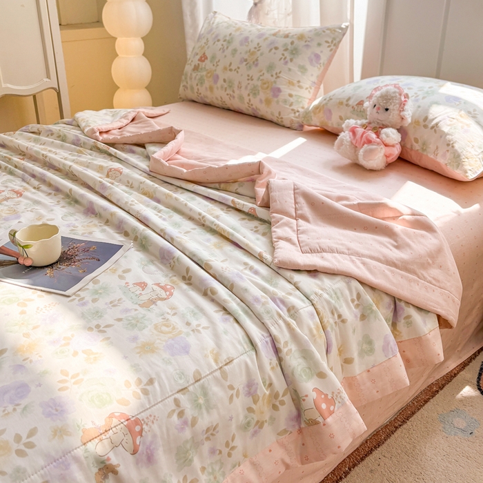 91家纺网 家纺一手货源 找家纺 羽梦家纺 2026新款新疆棉花全棉夏凉被被子被芯蘑菇小兔