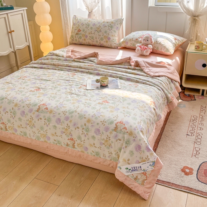 91家纺网 家纺一手货源 找家纺 羽梦家纺 2026新款新疆棉花全棉夏凉被被子被芯蘑菇小兔