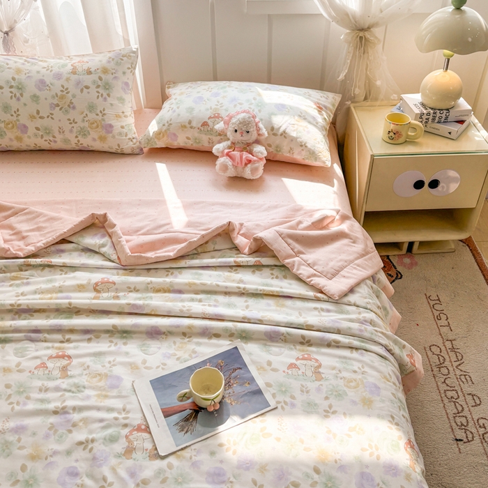 91家纺网 家纺一手货源 找家纺 羽梦家纺 2026新款新疆棉花全棉夏凉被被子被芯蘑菇小兔