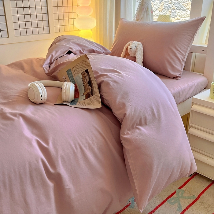 91家纺网 家纺一手货源 找家纺 缦绣阁家纺 2026新款无印风纯色纯棉四件套全棉被套床单床笠被罩学生宿舍上下铺三件套床上用品 浅豆沙