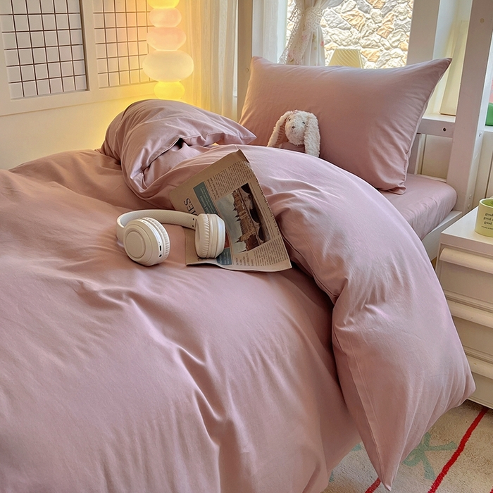 91家纺网 家纺一手货源 找家纺 缦绣阁家纺 2026新款无印风纯色纯棉四件套全棉被套床单床笠被罩学生宿舍上下铺三件套床上用品 浅豆沙