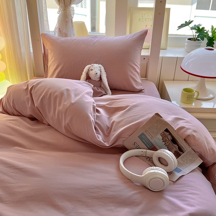 91家纺网 家纺一手货源 找家纺 缦绣阁家纺 2026新款无印风纯色纯棉四件套全棉被套床单床笠被罩学生宿舍上下铺三件套床上用品 浅豆沙