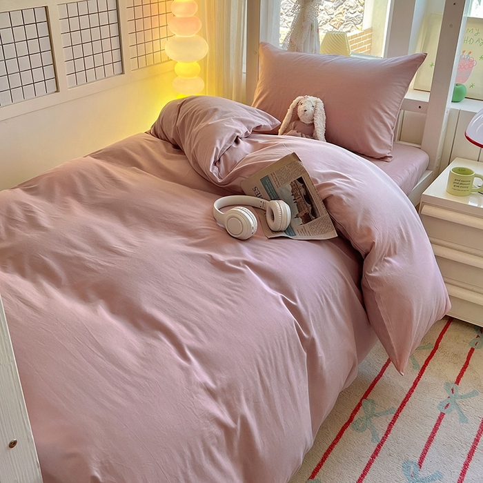 91家纺网 家纺一手货源 找家纺 缦绣阁家纺 2026新款无印风纯色纯棉四件套全棉被套床单床笠被罩学生宿舍上下铺三件套床上用品 浅豆沙