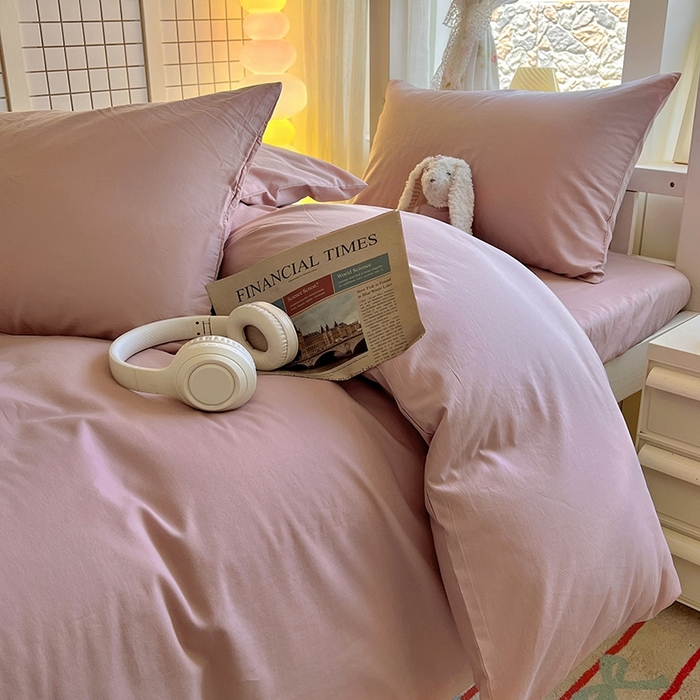 91家纺网 家纺一手货源 找家纺 缦绣阁家纺 2026新款无印风纯色纯棉四件套全棉被套床单床笠被罩学生宿舍上下铺三件套床上用品 浅豆沙