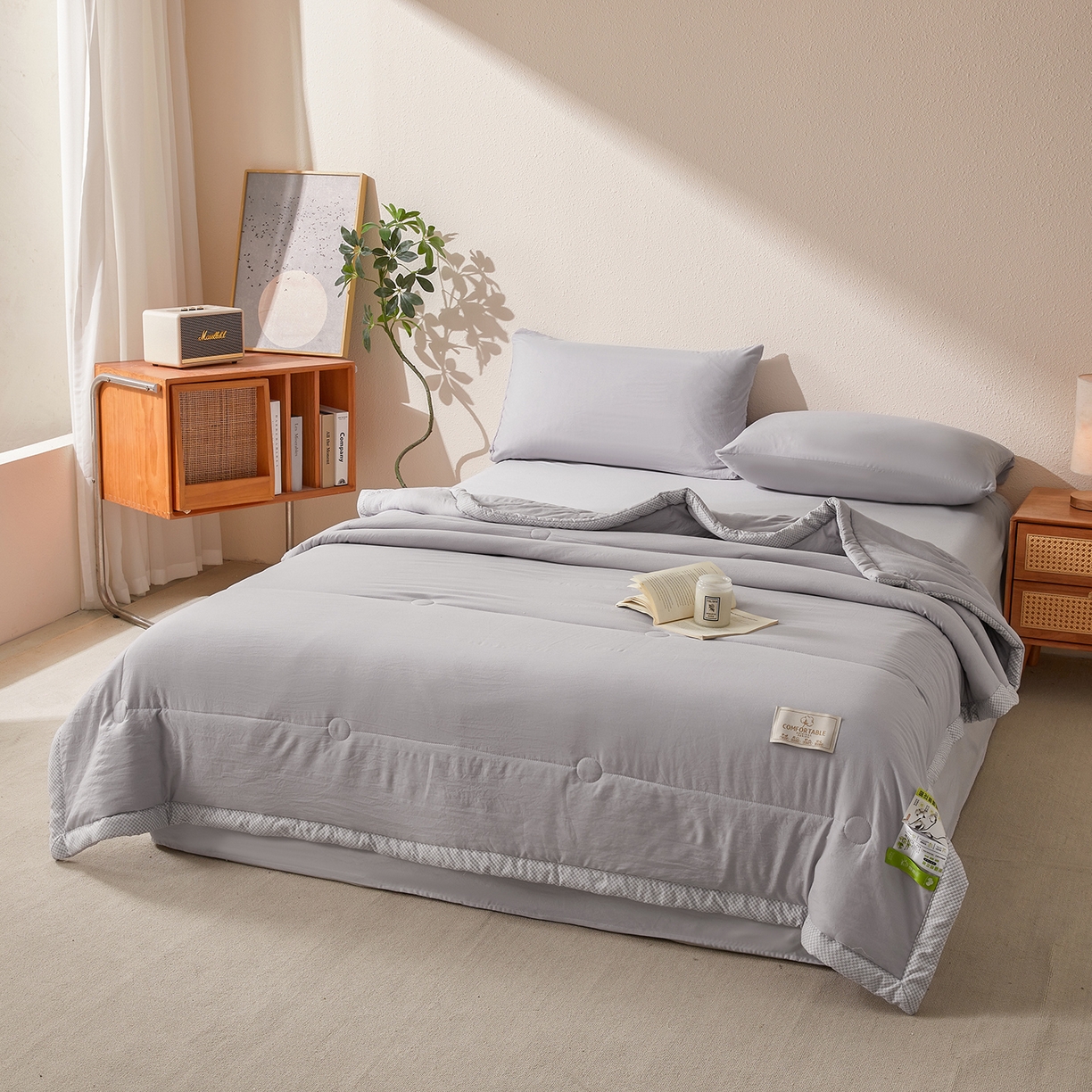 91家纺网 家纺一手货源 找家纺 罗布斯 2026新款高克重纯色简约风小清新花卉风水洗棉空调被夏被100%新疆棉花夏凉被（买家秀加微) 星辰灰