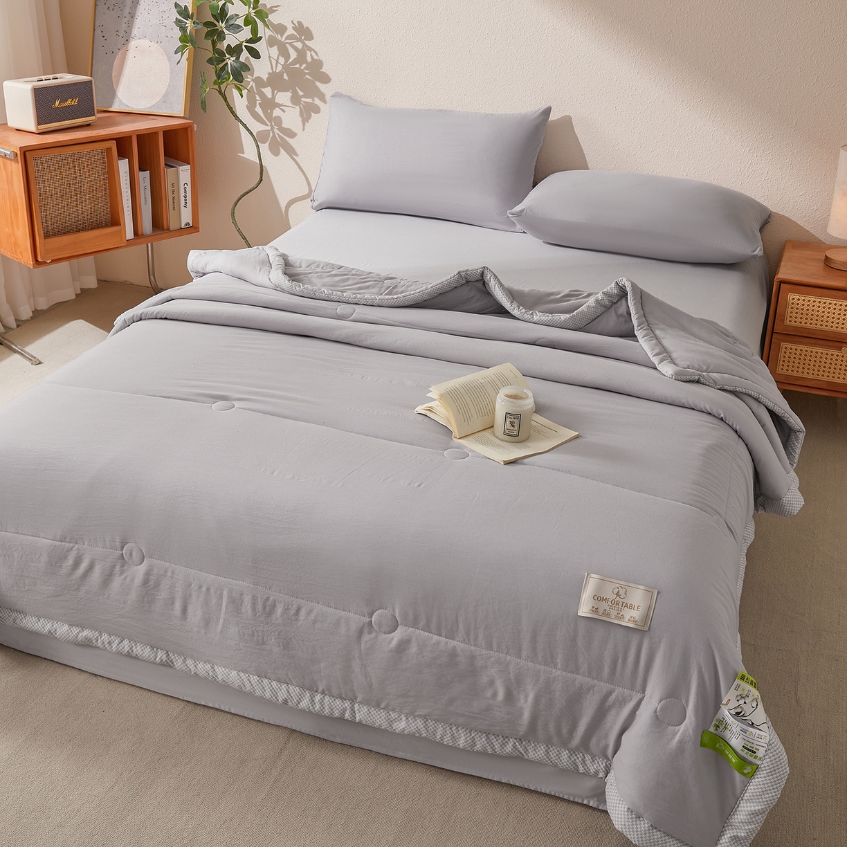 91家纺网 家纺一手货源 找家纺 罗布斯 2026新款高克重纯色简约风小清新花卉风水洗棉空调被夏被100%新疆棉花夏凉被（买家秀加微) 星辰灰