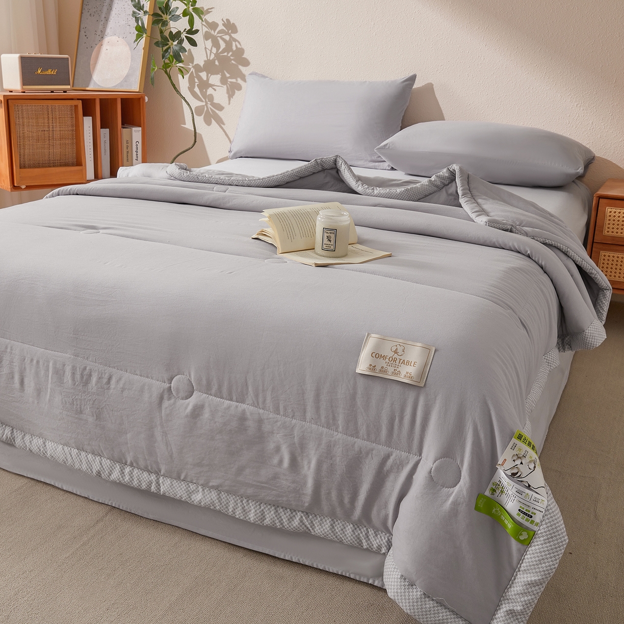 91家纺网 家纺一手货源 找家纺 罗布斯 2026新款高克重纯色简约风小清新花卉风水洗棉空调被夏被100%新疆棉花夏凉被（买家秀加微) 星辰灰