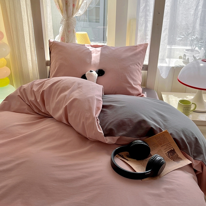 91家纺网 家纺一手货源 找家纺 缦绣阁家纺 2026新款无印风纯色纯棉四件套全棉被套床单床笠被罩学生宿舍上下铺三件套床上用品 浅豆沙石墨灰