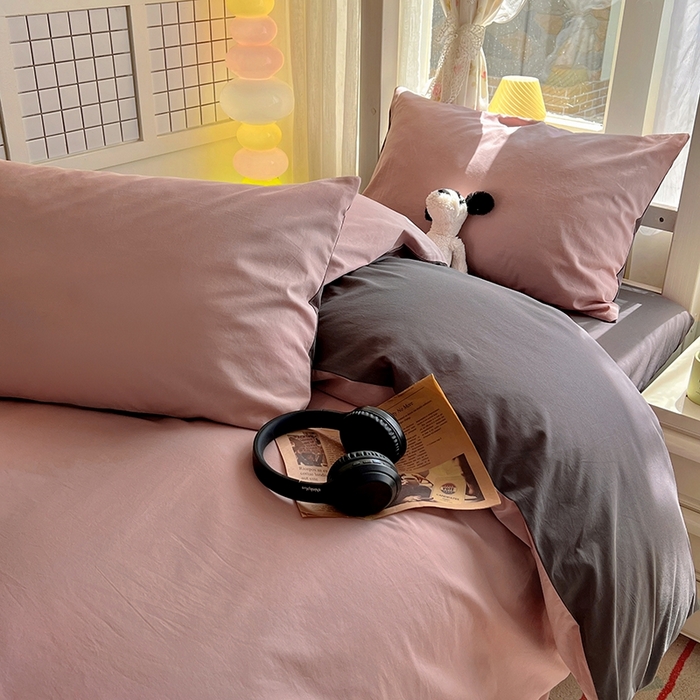 91家纺网 家纺一手货源 找家纺 缦绣阁家纺 2026新款无印风纯色纯棉四件套全棉被套床单床笠被罩学生宿舍上下铺三件套床上用品 浅豆沙石墨灰