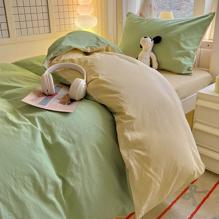 91家纺网 家纺一手货源 找家纺 缦绣阁家纺 2026新款无印风纯色纯棉四件套全棉被套床单床笠被罩学生宿舍上下铺三件套床上用品 清水绿米驼