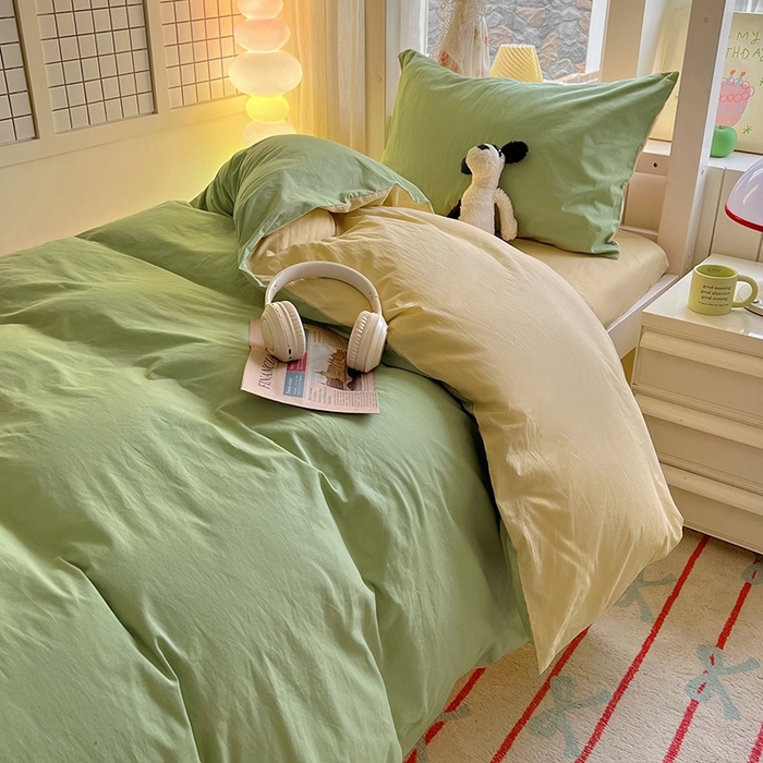 91家纺网 家纺一手货源 找家纺 缦绣阁家纺 2026新款无印风纯色纯棉四件套全棉被套床单床笠被罩学生宿舍上下铺三件套床上用品 清水绿米驼