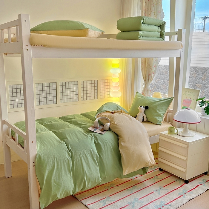 91家纺网 家纺一手货源 找家纺 缦绣阁家纺 2026新款无印风纯色纯棉四件套全棉被套床单床笠被罩学生宿舍上下铺三件套床上用品 清水绿米驼