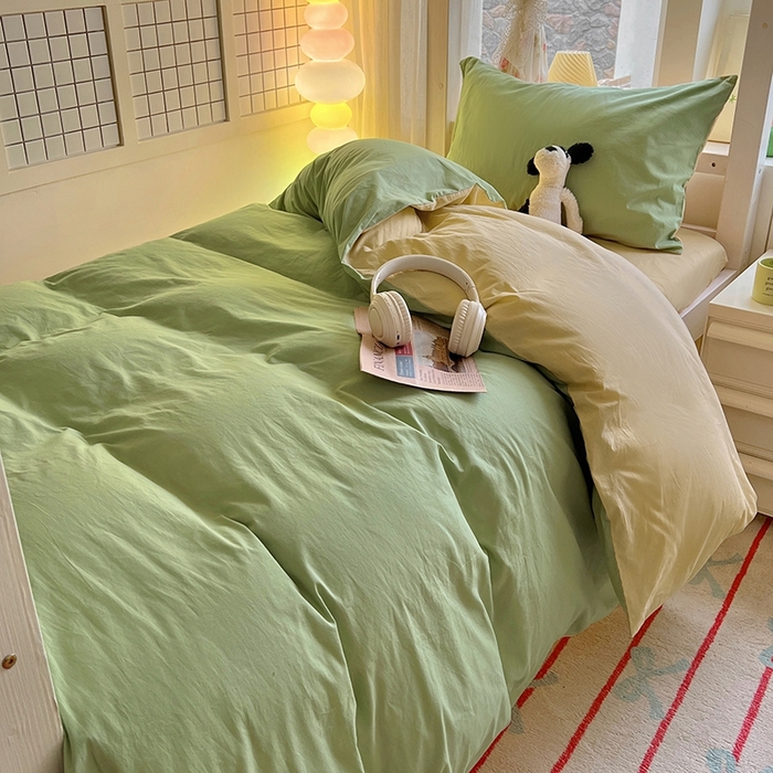 91家纺网 家纺一手货源 找家纺 缦绣阁家纺 2026新款无印风纯色纯棉四件套全棉被套床单床笠被罩学生宿舍上下铺三件套床上用品 清水绿米驼