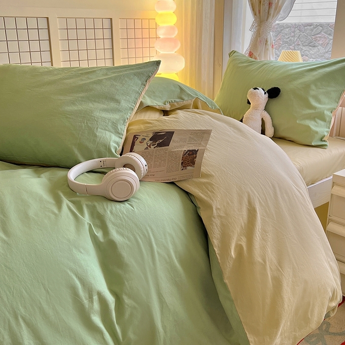 91家纺网 家纺一手货源 找家纺 缦绣阁家纺 2026新款无印风纯色纯棉四件套全棉被套床单床笠被罩学生宿舍上下铺三件套床上用品 清水绿米驼