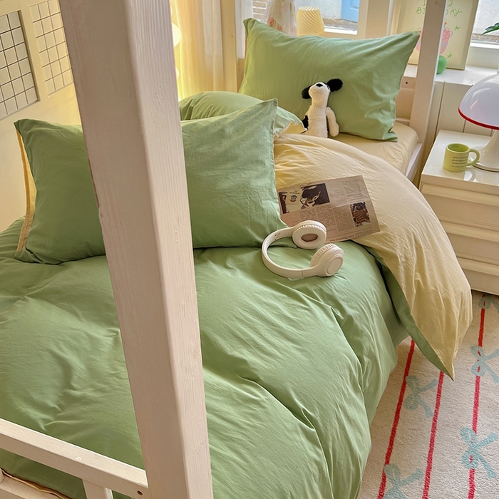 91家纺网 家纺一手货源 找家纺 缦绣阁家纺 2026新款无印风纯色纯棉四件套全棉被套床单床笠被罩学生宿舍上下铺三件套床上用品 清水绿米驼