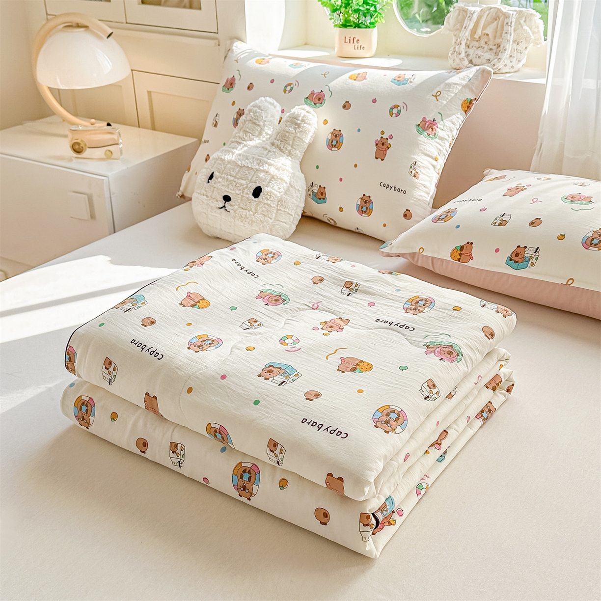 91家纺网 家纺一手货源 找家纺 招财星家纺 2026新款A类水洗棉皱绉纱夏被空调被印花夏凉被子被芯（带质检报告买家秀） 卡皮巴拉