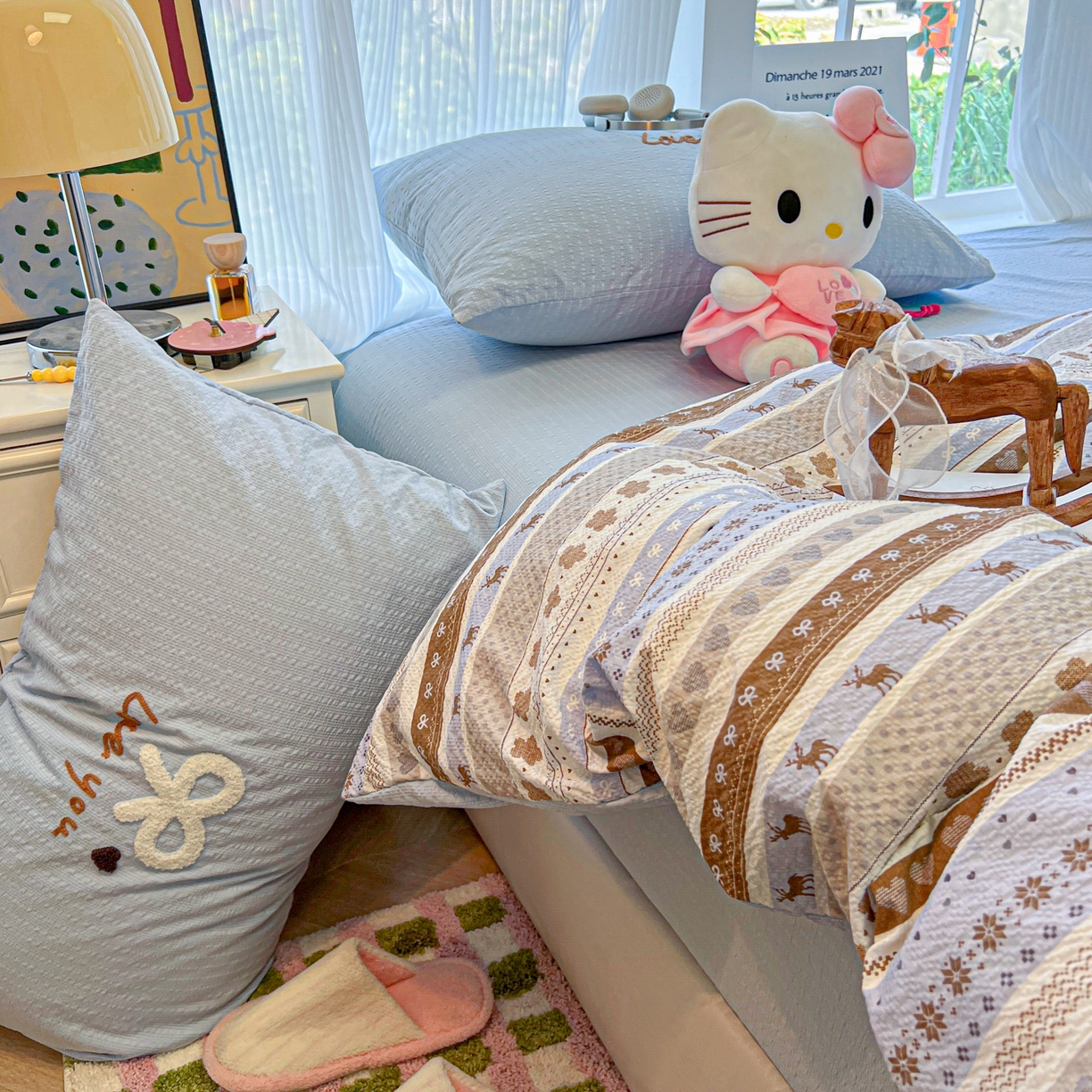 91家纺网 家纺一手货源 找家纺 韩巢家纺 2026新款泡芙纱费尔岛毛巾绣四件套 小鹿织锦-毛巾绣