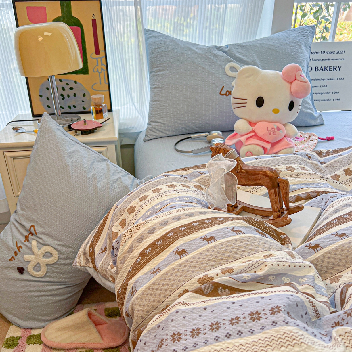 91家纺网 家纺一手货源 找家纺 韩巢家纺 2026新款泡芙纱费尔岛毛巾绣四件套 小鹿织锦-毛巾绣