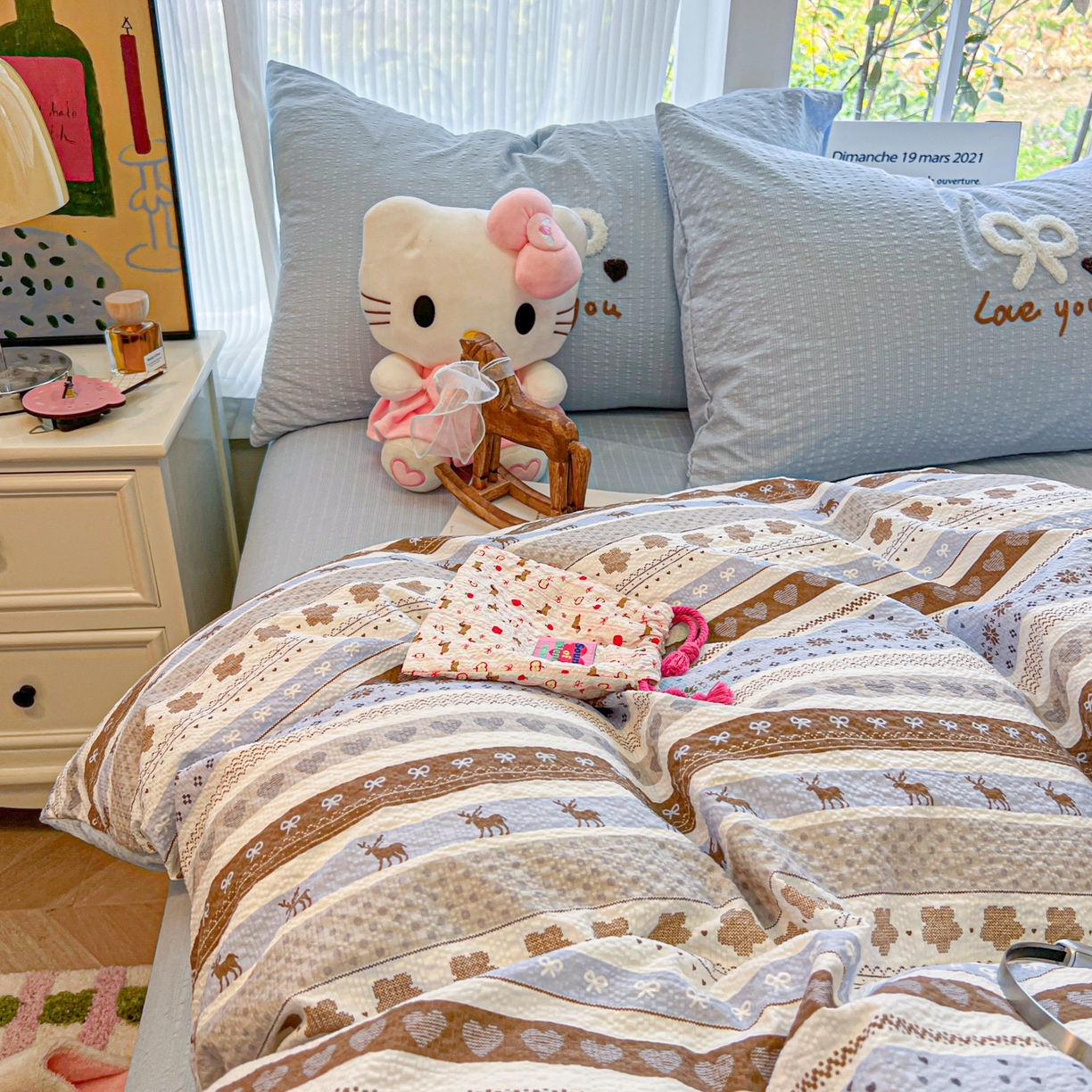 91家纺网 家纺一手货源 找家纺 韩巢家纺 2026新款泡芙纱费尔岛毛巾绣四件套 小鹿织锦-毛巾绣