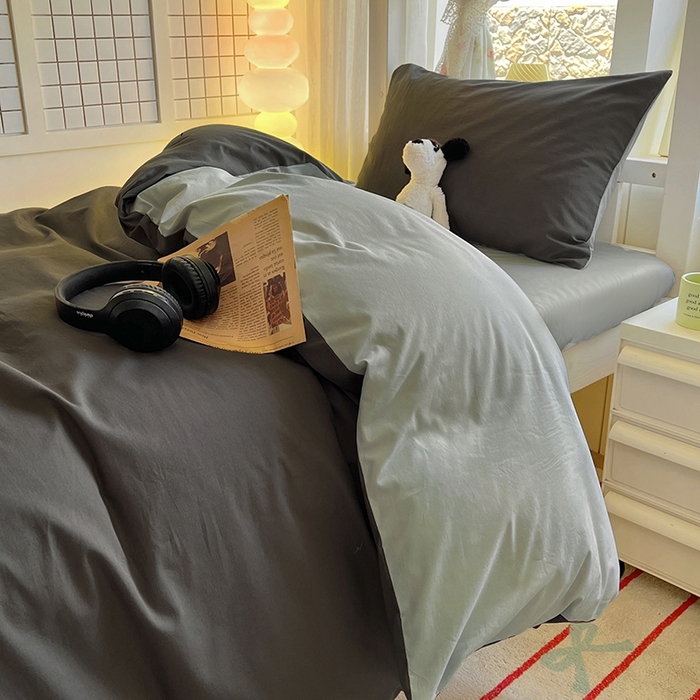 91家纺网 家纺一手货源 找家纺 缦绣阁家纺 2026新款无印风纯色纯棉四件套全棉被套床单床笠被罩学生宿舍上下铺三件套床上用品 石墨灰气质灰