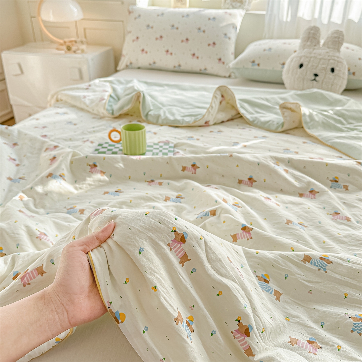 91家纺网 家纺一手货源 找家纺 招财星家纺 2026新款A类水洗棉皱绉纱夏被空调被印花夏凉被子被芯（带质检报告买家秀） 腊肠狗