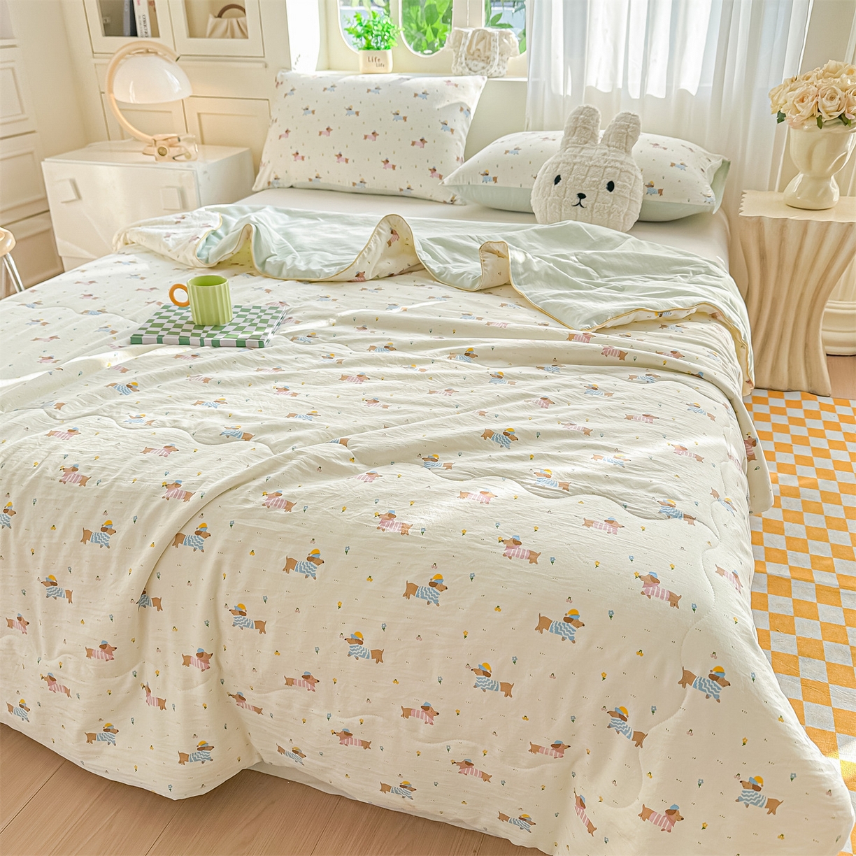 91家纺网 家纺一手货源 找家纺 招财星家纺 2026新款A类水洗棉皱绉纱夏被空调被印花夏凉被子被芯（带质检报告买家秀） 腊肠狗