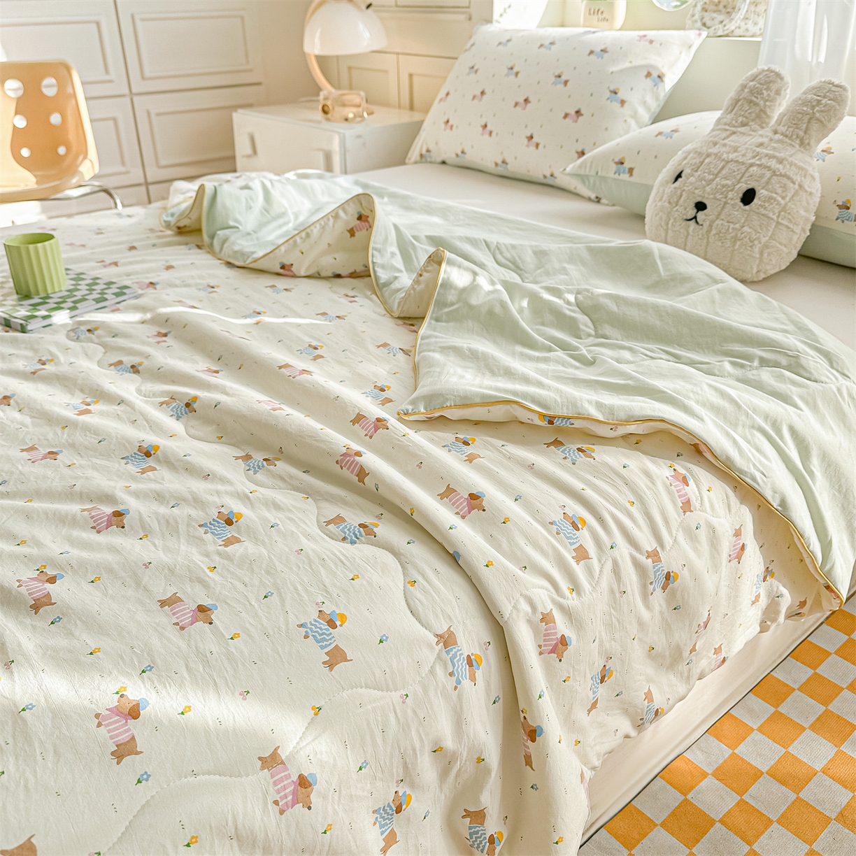 91家纺网 家纺一手货源 找家纺 招财星家纺 2026新款A类水洗棉皱绉纱夏被空调被印花夏凉被子被芯（带质检报告买家秀） 腊肠狗