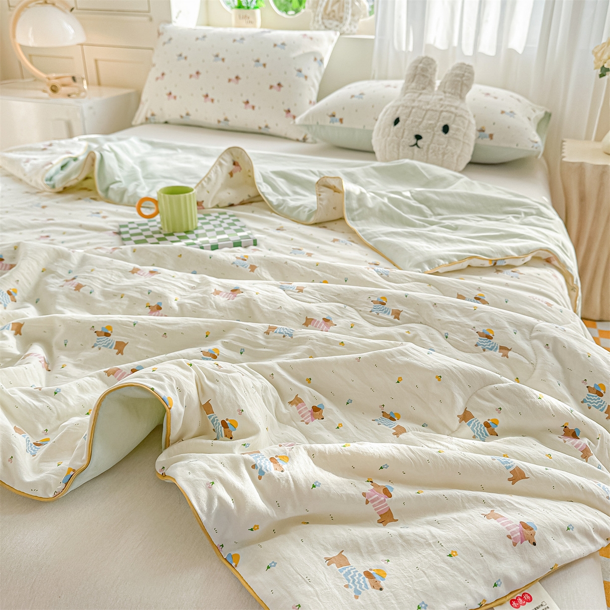 91家纺网 家纺一手货源 找家纺 招财星家纺 2026新款A类水洗棉皱绉纱夏被空调被印花夏凉被子被芯（带质检报告买家秀） 腊肠狗