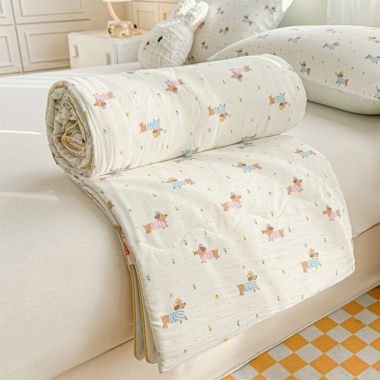 91家纺网 家纺一手货源 找家纺 招财星家纺 2026新款A类水洗棉皱绉纱夏被空调被印花夏凉被子被芯（带质检报告买家秀） 腊肠狗