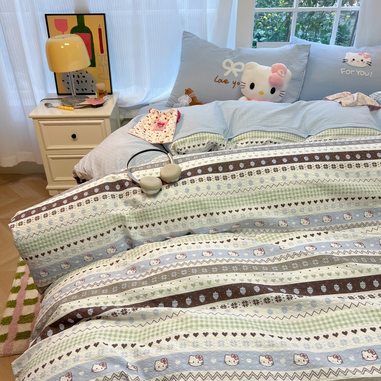 91家纺网 家纺一手货源 找家纺 韩巢家纺 2026新款泡芙纱费尔岛毛巾绣四件套 小猫集-蓝-毛巾绣